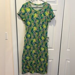 Lands' End Green Tropical Leaf Dress- NWT. Ruched sides with adjustable ties. M